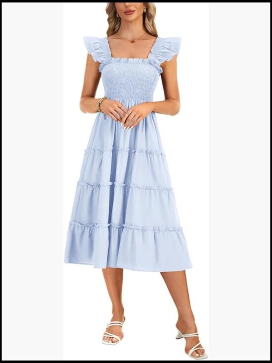 Dresses & Skirts - Sleeveless Smocked Square Neck A-Line Midi Sundress with Ruffle Straps
